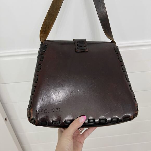 Vtg Vintage Brown Leather Rose Tooled Western Style Saddle Purse Bag - Picture 5 of 8